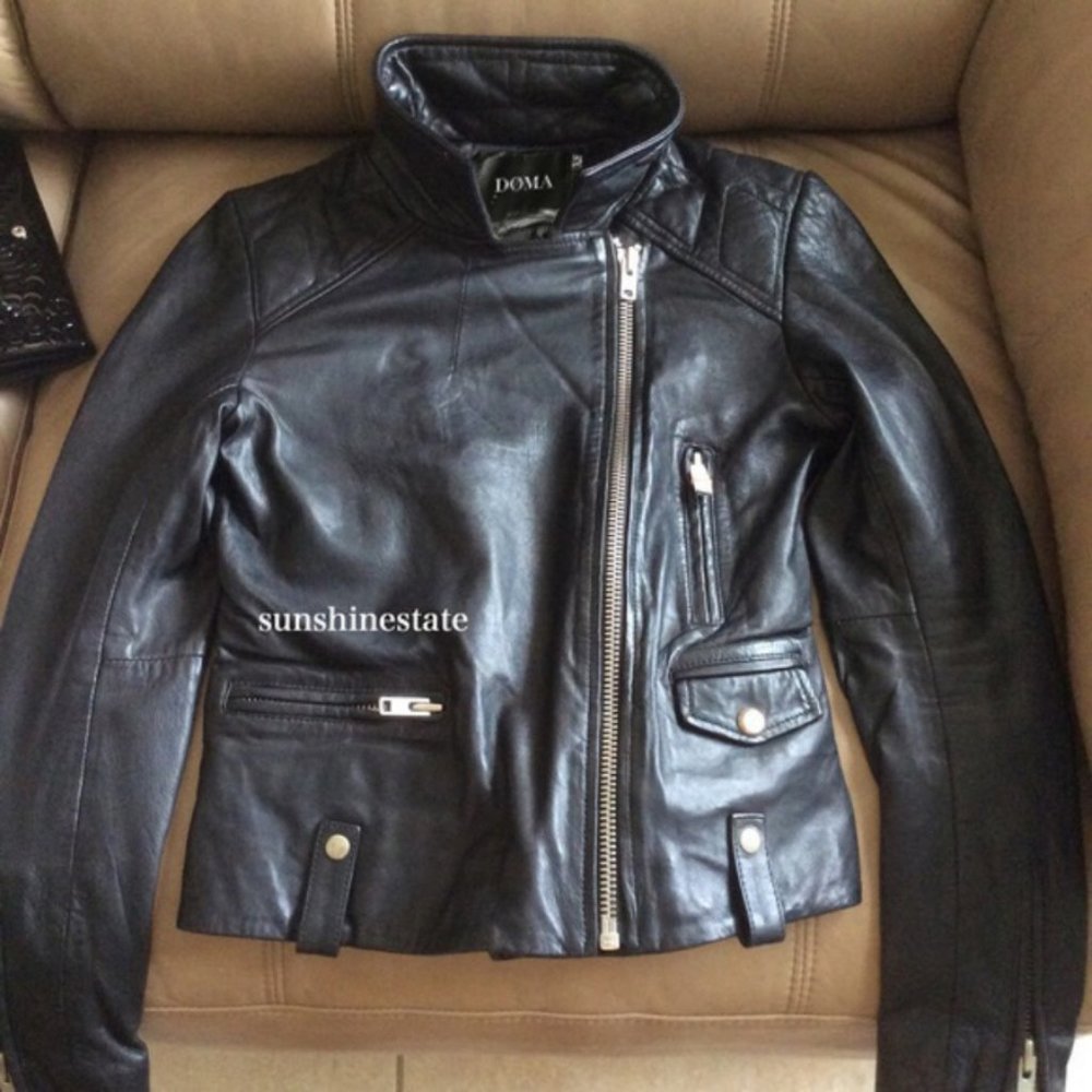 Doma Slim fit black Leather Moto jacket XS